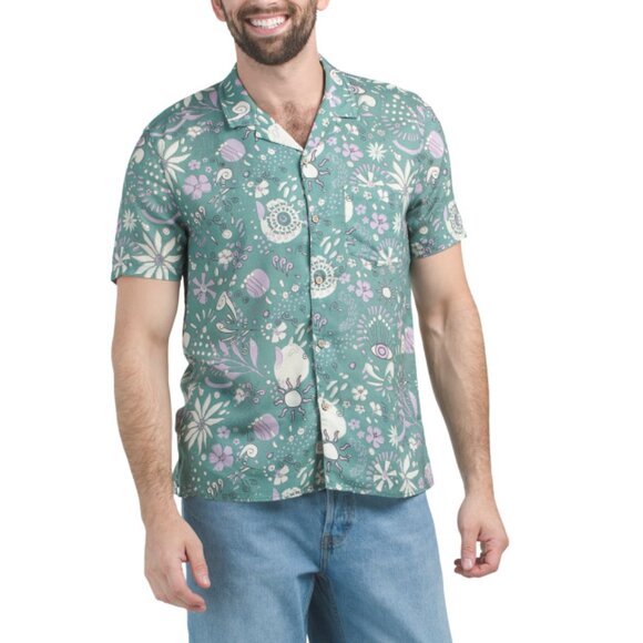 MARINE LAYER Green Floral Tencel Linen Blend Resort Shirt